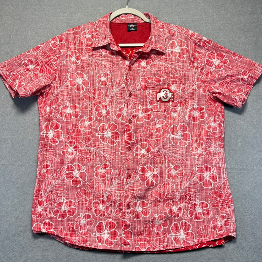 Ohio State Buckeyes Mens XL Hawaiian Shirt Scarlet Red Floral Cotton Button Down